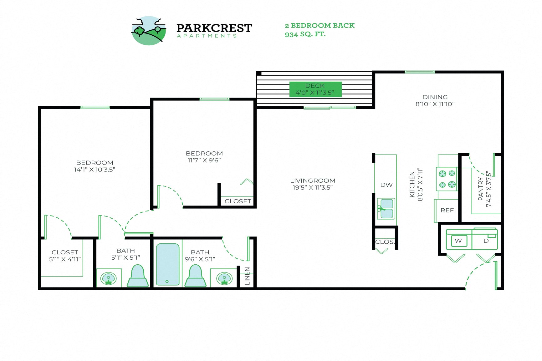 Floor plan for 2 beds, 1.5 baths, 934 sqft